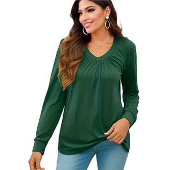 V Neck Tops for Women Long Sleeve Shirts Fashion Pleated Blouse Casual Teacher outfits