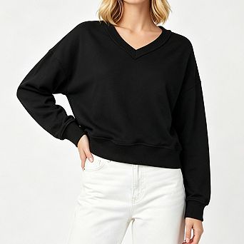 Women V Neck Sweatshirt Drop Shoulder Long Sleeve Ribbed Cuffs Loose Fit Casual Pullover Tops
