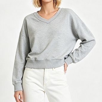 Women V Neck Sweatshirt Drop Shoulder Long Sleeve Ribbed Cuffs Loose Fit Casual Pullover Tops