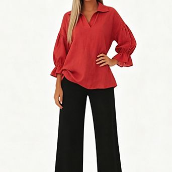 Women Collared V‑Neck 3/4 Ruffle Sleeve Blouse Loose Fit Lightweight Casual Pullover Top