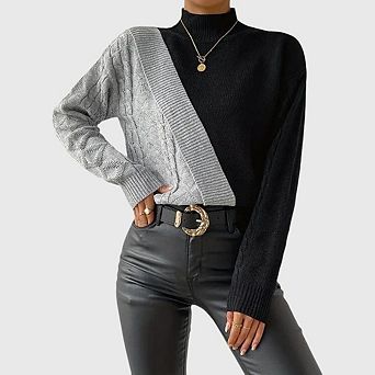 Mock Turtleneck Sweaters for Women Long Sleeve Color Block Cable Knit Splicing Pullover Tops