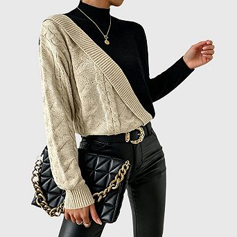 Mock Turtleneck Sweaters for Women Long Sleeve Color Block Cable Knit Splicing Pullover Tops