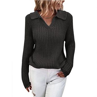 Collared Sweaters for Women Fall Long Sleeve v Neck Ribbed Knit Tee Tops Pullover Casual Shirts