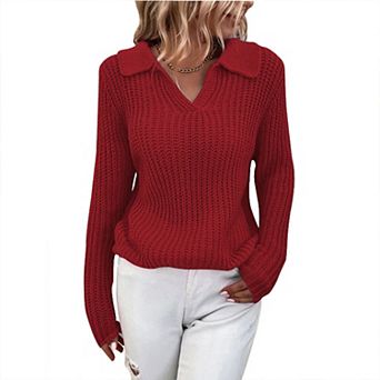 Collared Sweaters for Women Fall Long Sleeve v Neck Ribbed Knit Tee Tops Pullover Casual Shirts