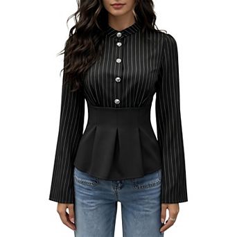 Women Striped Stand Collar Blouse Long Sleeve Button Decor Peplum Waist Casual Work Shirt Tops