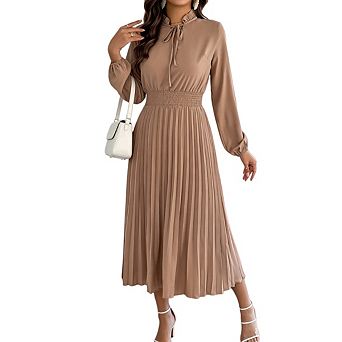 Women Long Sleeve Mock Neck Pleated Business Casual Midi Dress