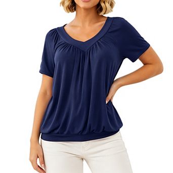 Women V Neck Short Sleeve Blouse Ruched Casual Loose Top Shirts