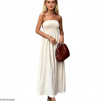 Women Strapless High Waist Solid A-Line Vacation Maxi Dress