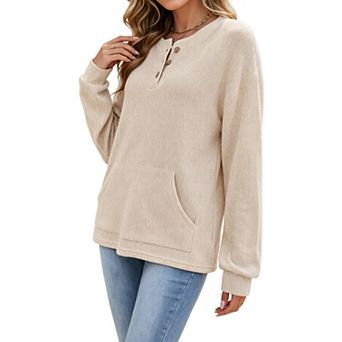Women's Round‑Neck Henley Button Sweatshirt Loose Casual Pullover Top with Front Kangaroo Pocket