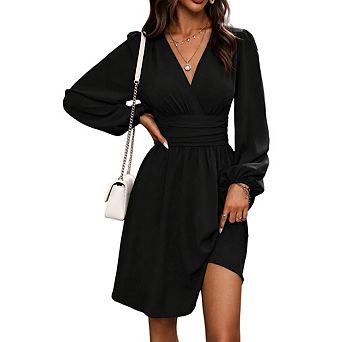 Women Mini Deep V Long Sleeve A-line High Waisted Casual Flowy Dress