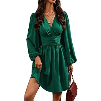 Women Mini Deep V Long Sleeve A-line High Waisted Casual Flowy Dress