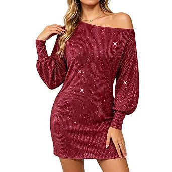Women Sparkly Sequins Shiny Cold Shoulder Long Sleeve Crewneck Party Babydoll Mini Dress