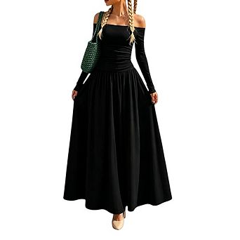 Womens Off Shoulder Ruched Long Sleeve Ruffle Flowy Cocktail Party Maxi Dress