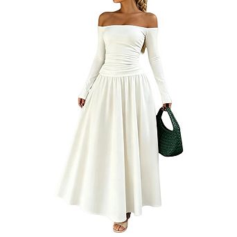 Womens Off Shoulder Ruched Long Sleeve Ruffle Flowy Cocktail Party Maxi Dress