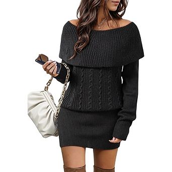Women's Long Sleeve Knit Bodycon Mini Sweater Short Dress