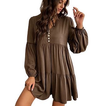 Women Button Down V Neck Long Sleeve A-Line Work Mini Dress