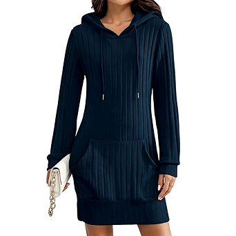 Womens Knit Ribbed Hoodie Pullover Sweatshirt Long Sleeve Pocket Casual Tunic Sweater Dress