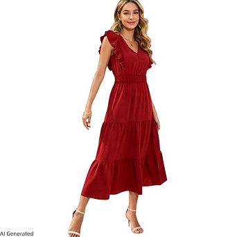 Womens Elegant Fashion Halter Rufle Flowy Cocktail Party Midi Dresses