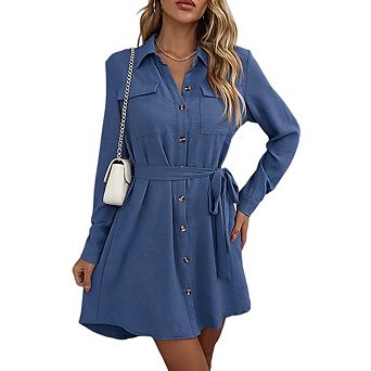 Women's Lapel Collared Button Down Long Sleeve Tie Waist Casual Shirt Dress