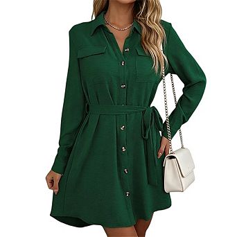Women's Lapel Collared Button Down Long Sleeve Tie Waist Casual Shirt Dress