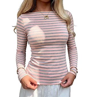 Women's Striped Boat‑Neck Top, Long Sleeve Slim‑Fit Casual Daily Wear Shirt
