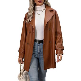 Women's Faux Leather Jacket, Classic Notched Lapel Belted Waist Outerwear Coat