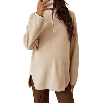 Women's Maternity Lapel Half Zip Thermal Fleece Pullover Long Sleeve Sweatshirt