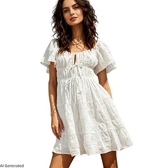Womens Square Neck Ruffle A Line Swing Puff Sleeve Tie Front Mini Dress