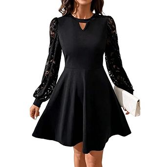 Women's Lace Long Sleeve Elegant Classy Casual V Neck Cocktail Dinner Party Mini Dress