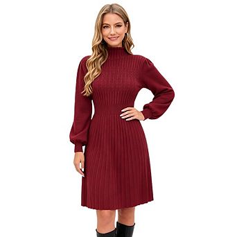 Women's Knitted Dress High Neck Striped Slim Fit V Neck Long Sleeve Pullover A Line Dress