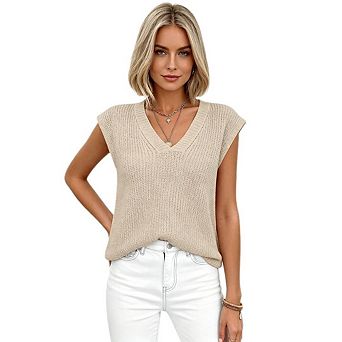 Women's V Neck Short Sleeved Knitted Vest Loose Solid Color Pullover