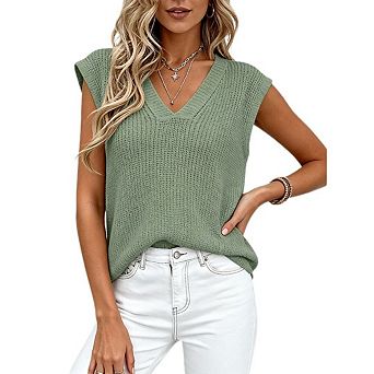 Women's V Neck Short Sleeved Knitted Vest Loose Solid Color Pullover
