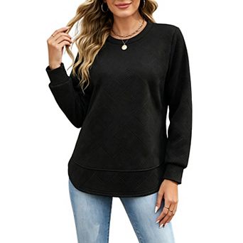 Women's Round‑Neck Geometric Textured Sweatshirt Loose Long Sleeve Solid Color Pullover