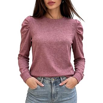 Women's Round Neck Puff Shoulder Long Sleeve Top Solid Pleated Shoulder Loose Casual Top