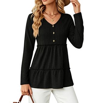 Women's V‑Neck Button Front Tunic Top Textured Ruffle Tiered Long‑Sleeve Loose Casual Top