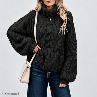 Women Turtleneck Chunky Sweater Casual Lantern Sleeve High Neck Cable Knitted Pullover Sweaters