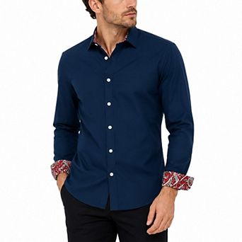 Men's Causal Button Down Shirt Long Sleeve Paisley Trim Dress Shirt