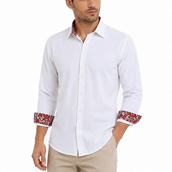 Men's Causal Button Down Shirt Long Sleeve Paisley Trim Dress Shirt