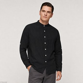 Men's Casual Banded Collar Shirt Button Down Cotton Long Sleeve Top