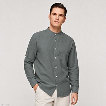 Men's Casual Banded Collar Shirt Button Down Cotton Long Sleeve Top