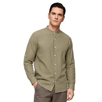 Men's Casual Banded Collar Shirt Button Down Cotton Long Sleeve Top