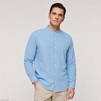 Men's Casual Banded Collar Shirt Button Down Cotton Long Sleeve Top