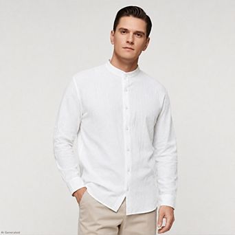 Men's Casual Banded Collar Shirt Button Down Cotton Long Sleeve Top