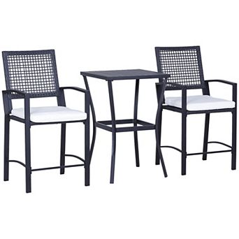 3 pc Rattan Wicker Patio Bar Set with Cushioned Bar Stools and Slat Table for Backyard