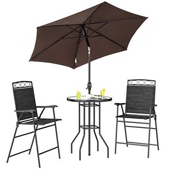 4 pc Patio Bar Set with Tilting Umbrella Two Folding Chairs and Tempered Glass Table