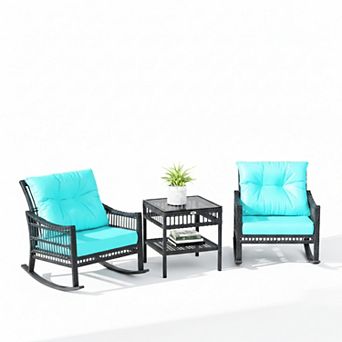 3 pc Outdoor PE Rattan Rocking Chair Set with Tempered Glass Top Coffee Table