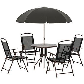 6 pc Patio Dining Set for 4 with Umbrella Round Glass Table and Folding Mesh Chairs for Backyard