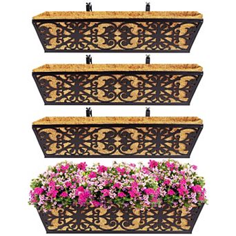 4 Pack 24 Inch Rectangular Window Box Planters with Adjustable Brackets and Coco Liners