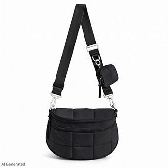 Grid Padded Saddle Crossbody Bag with Detachable Mini Pouch and Adjustable Wide Shoulder Strap