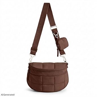 Grid Padded Saddle Crossbody Bag with Detachable Mini Pouch and Adjustable Wide Shoulder Strap